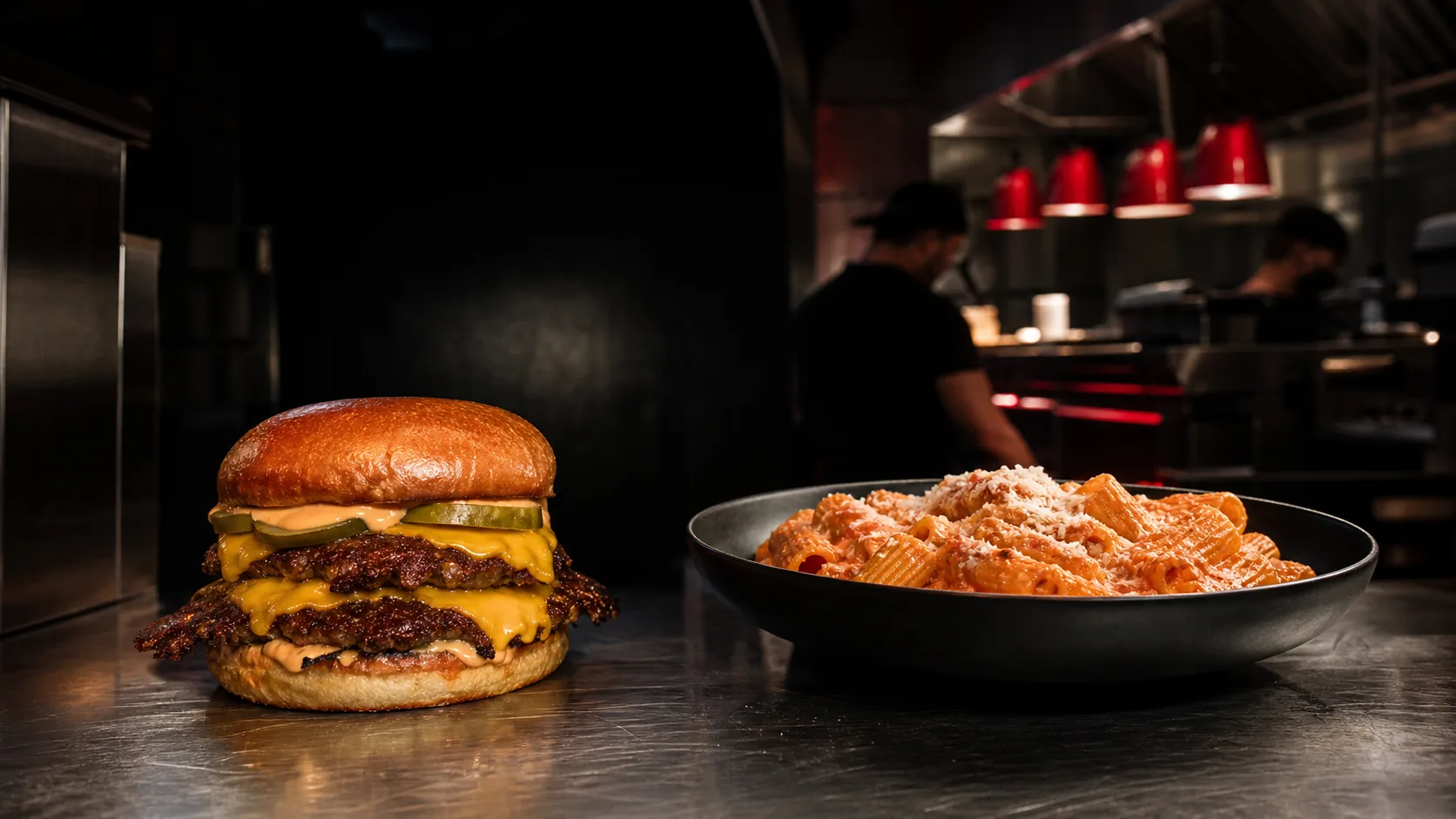 Smash Burger und Pasta vor der offenen LOOB-Küche